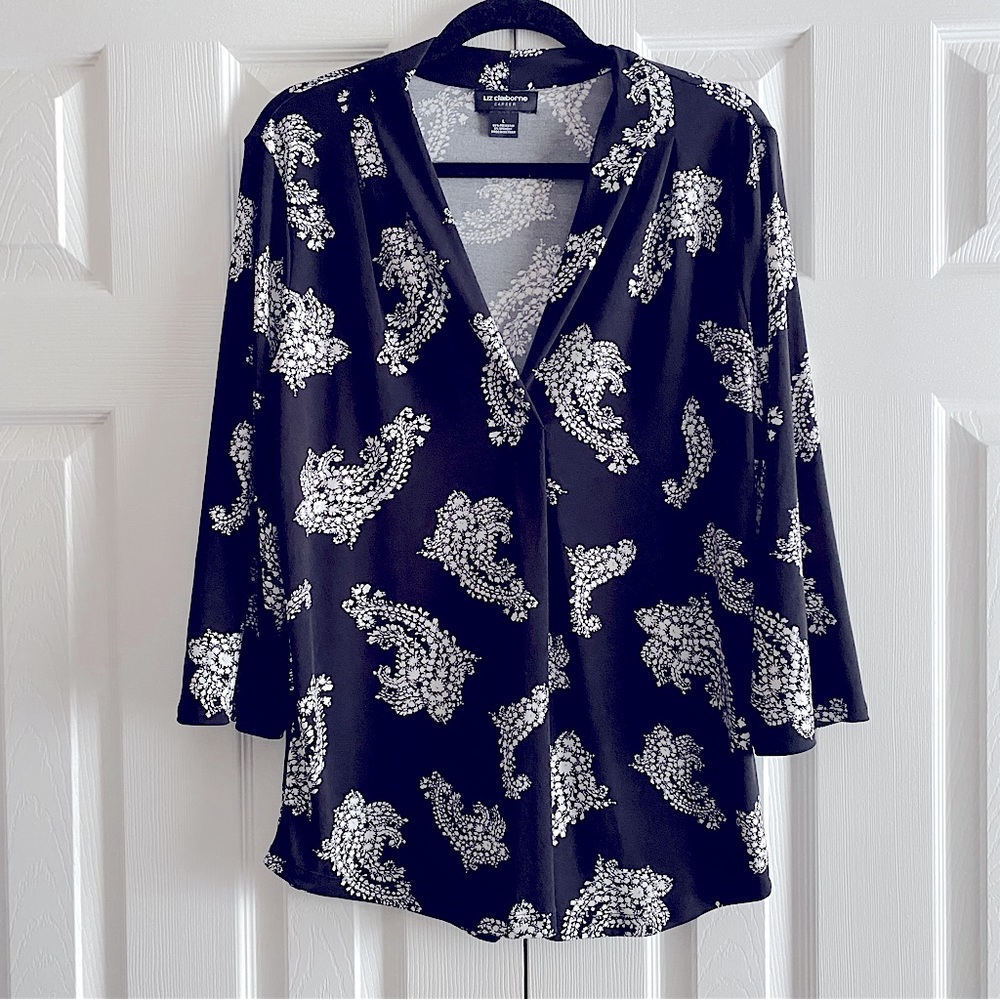 LIZ CLAIBORNE PAISLEY V NECK PULLOVER TUNIC BLOUSE TOP Black White L